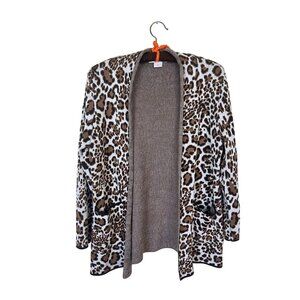 Womens Leopard Print Cardigan Sweater Open Front Pockets Medium Allison Daley